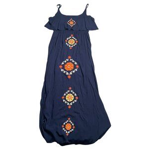 THML spaghetti Strap Navy Orange White Embroidered Floral Maxi Dress, Large